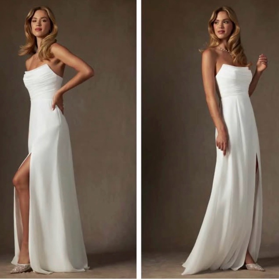 Azazie Elegant White Strapless Evening Gown With Side Slit